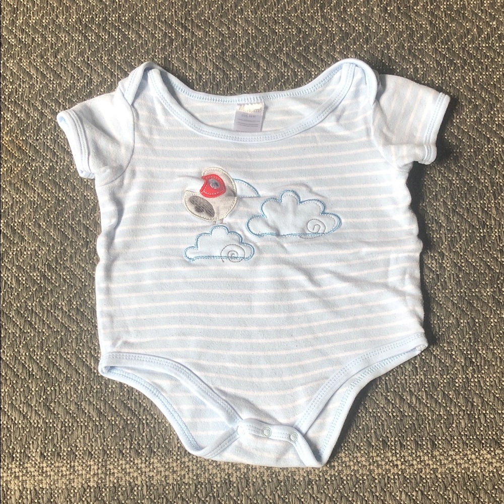 3 Light Blue gray Striped Baby One-Piece with zoo animals embroidered apliques